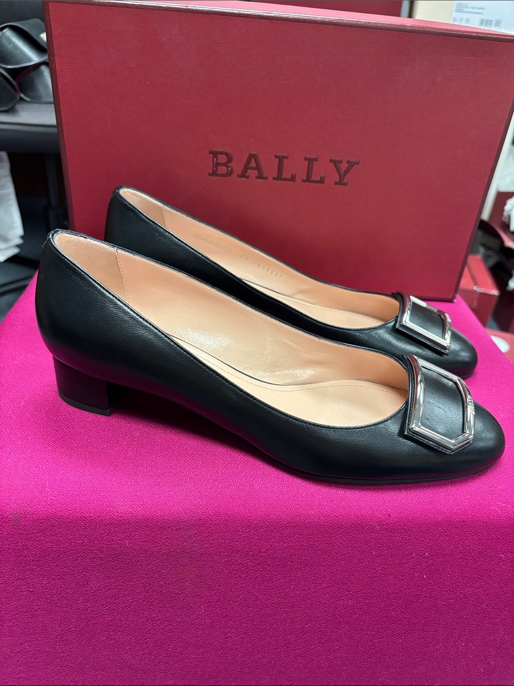 Bally Black Leather Low Block Heel Pumps with Silver Buckle Accent